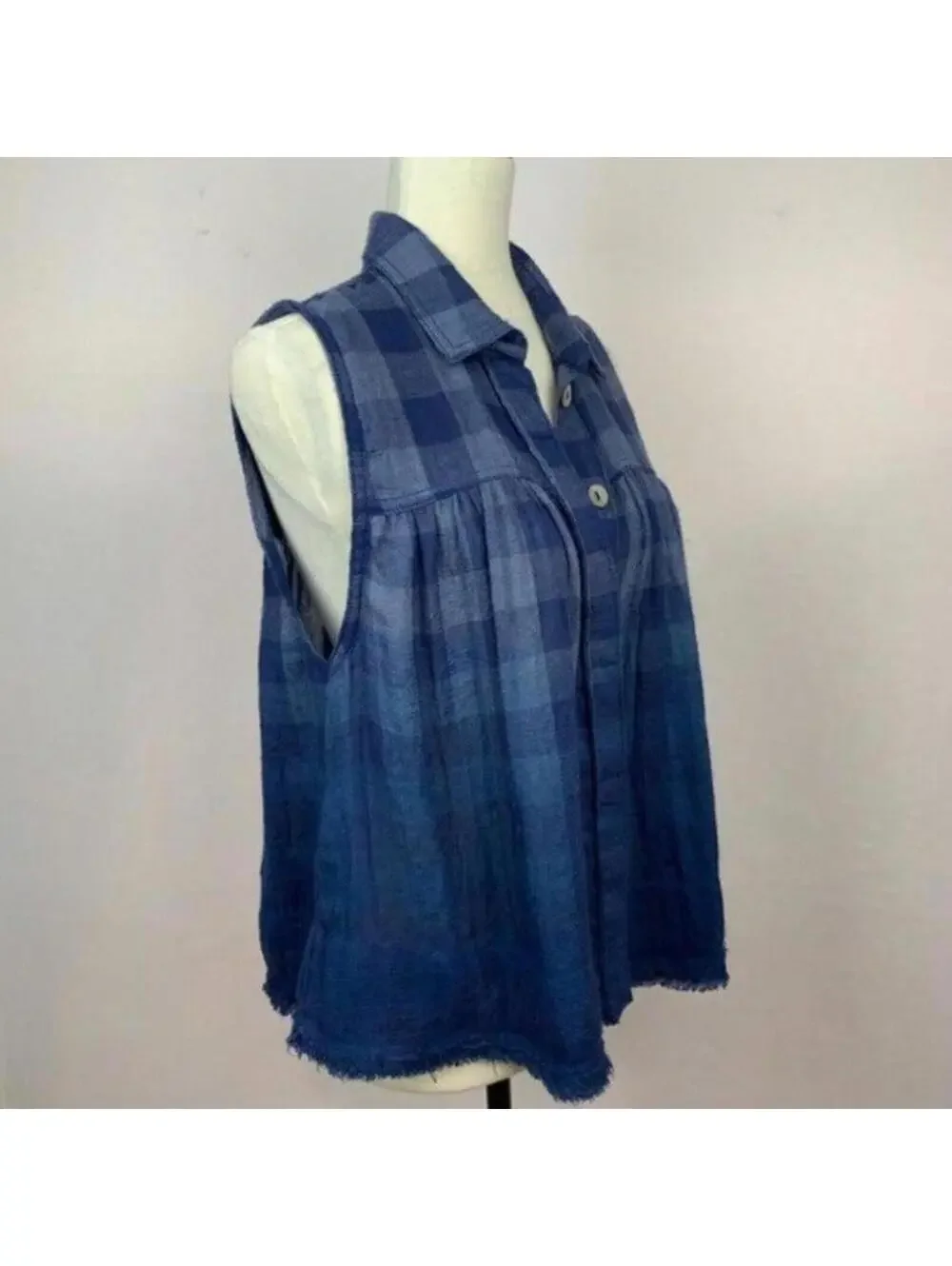 NWT Free People Blue Plaid Tank Top Small Ombre Gingham Sleeveless Button Blouse
